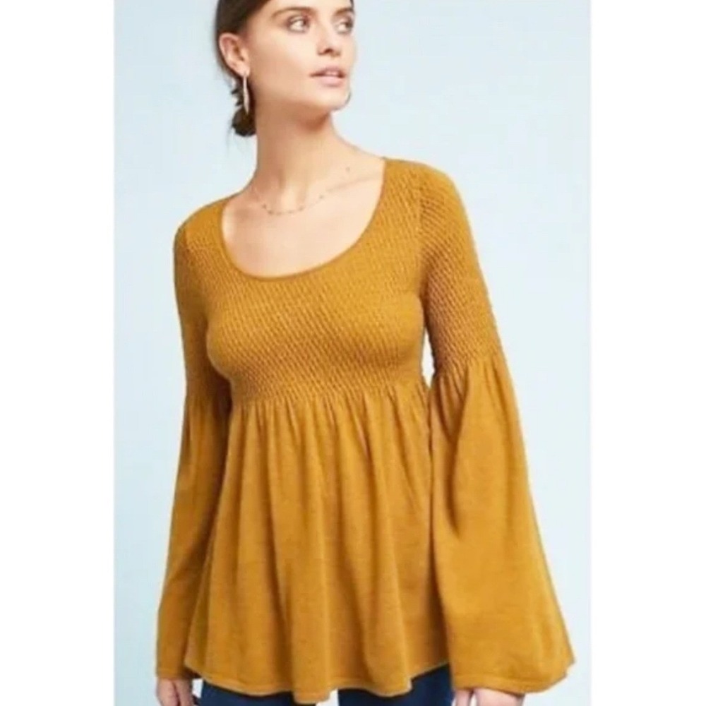 Knitted & Knotted Anthropologie Esme Sweater Small Mustard Bell Sleeve Babydoll